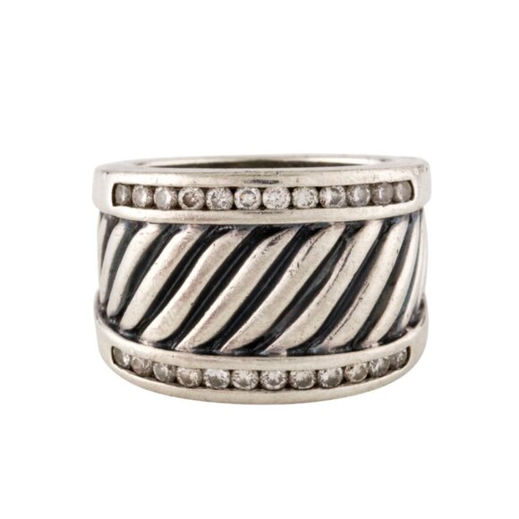 David Yurman 925 Sterling Silver Cable Cigar Band Ring Womens 6 Pave Diamonds
